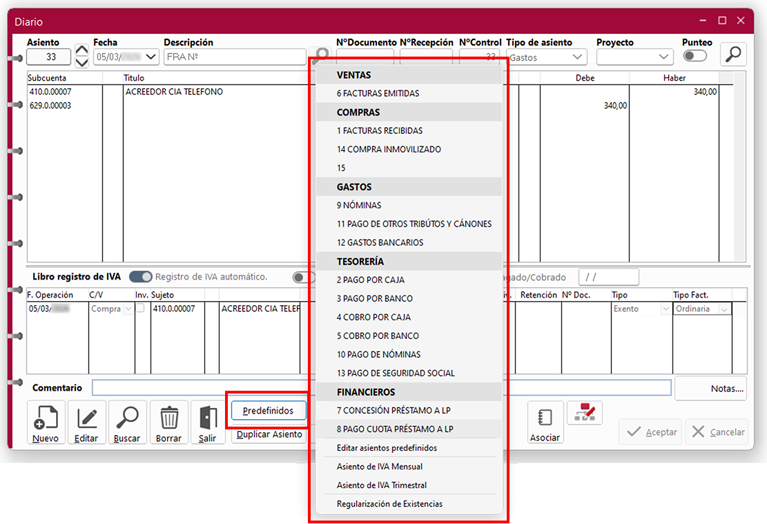 Ventana Diario en ClassicConta 7.